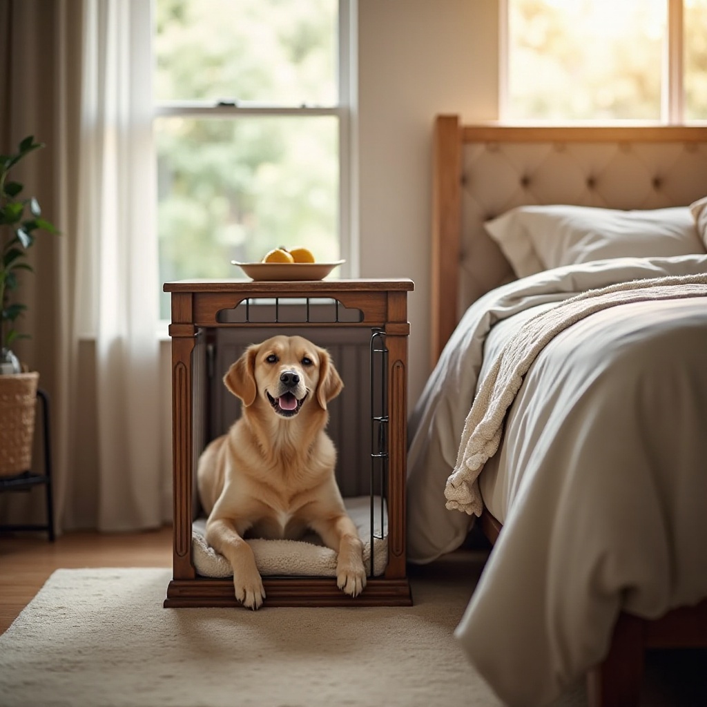 dog crate in bedroom
