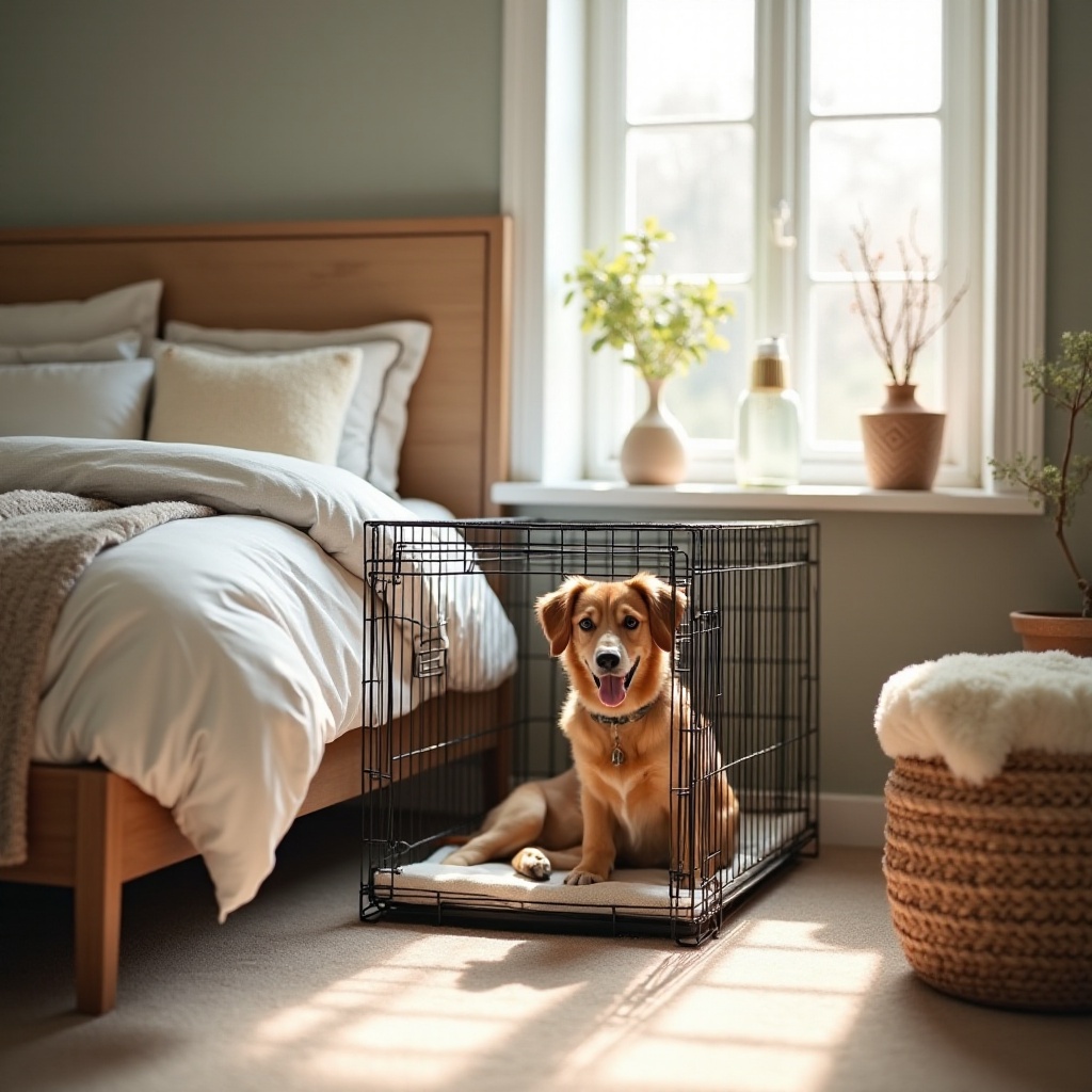dog crate in bedroom